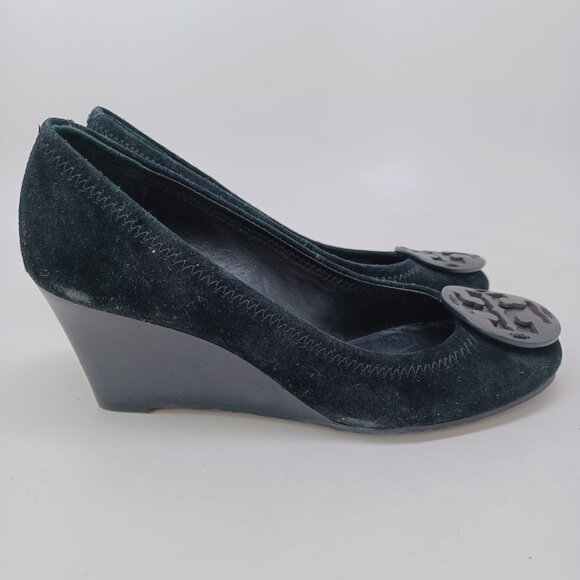 Tory Burch Shoes Sophie Miller Black Suede Wedge Leather Logo on Toe Womens 5 M - Picture 6 of 14